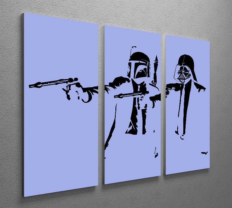 Banksy Pulp Fiction Star Wars Blue 3 Split Panel Canvas Print showcasing vibrant colors and modern art design.