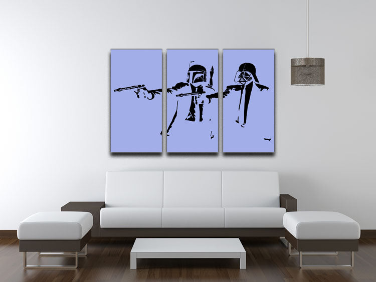 Banksy Pulp Fiction Star Wars Blue 3 Split Panel Canvas Print showcasing vibrant colors and modern art design.