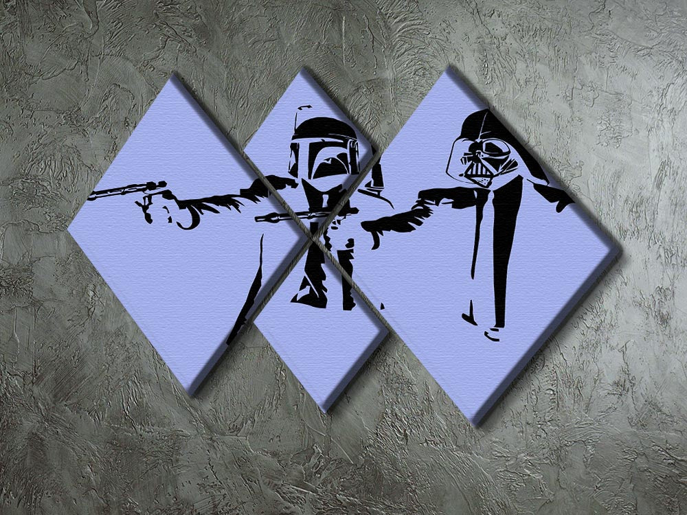 Banksy Pulp Fiction Star Wars Blue 4 Square Multi Panel Canvas featuring vibrant blue tones and iconic pop culture references.