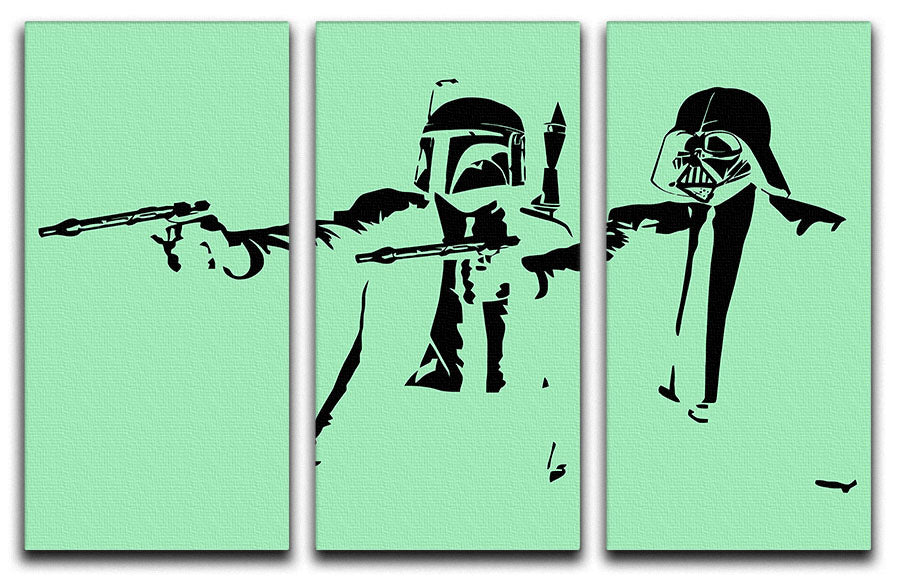 Banksy Pulp Fiction Star Wars Green 3 Split Panel Canvas Print showcasing vibrant colors and unique design across three panels.