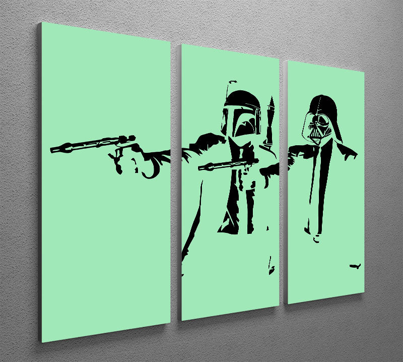 Banksy Pulp Fiction Star Wars Green 3 Split Panel Canvas Print showcasing vibrant colors and unique design across three panels.
