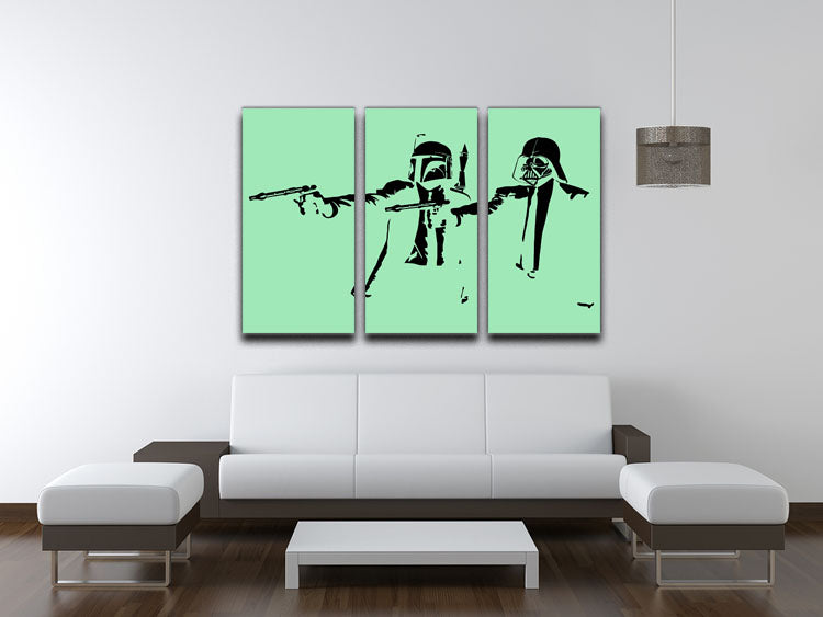 Banksy Pulp Fiction Star Wars Green 3 Split Panel Canvas Print showcasing vibrant colors and unique design across three panels.