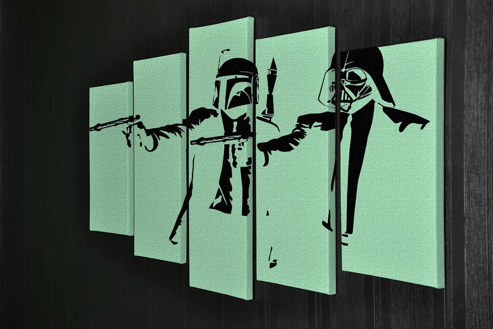 Banksy Pulp Fiction Star Wars Green 5 Split Panel Canvas artwork featuring vibrant colors and dynamic design across five panels.