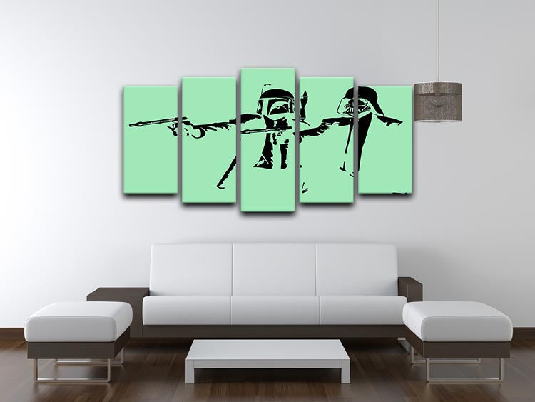 Banksy Pulp Fiction Star Wars Green 5 Split Panel Canvas artwork featuring vibrant colors and dynamic design across five panels.