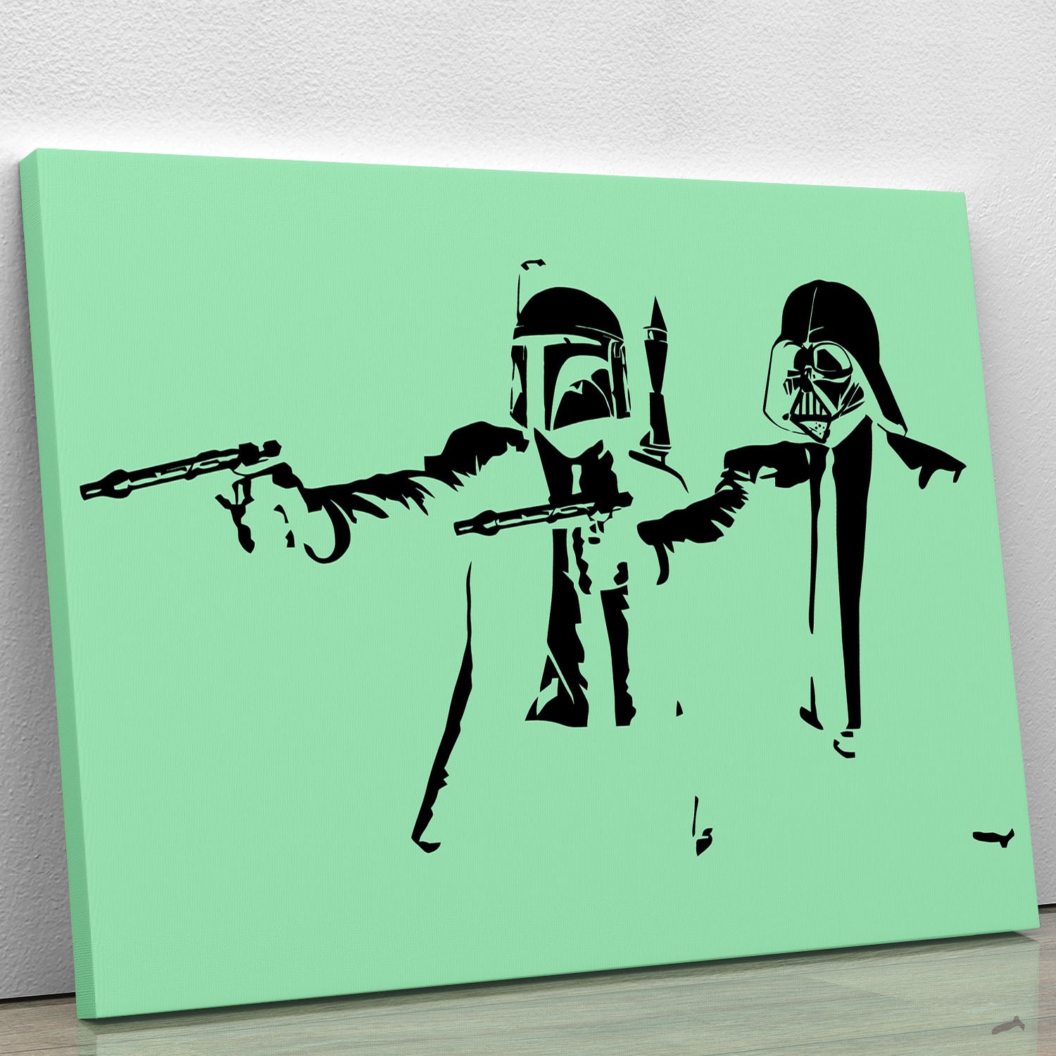 Banksy Pulp Fiction Star Wars Green Canvas Print featuring vibrant colors and iconic imagery, perfect for modern decor.