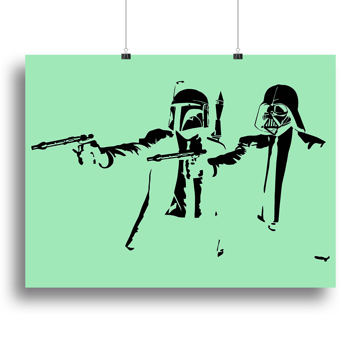 Banksy Pulp Fiction Star Wars Green Canvas Print featuring vibrant colors and iconic imagery, perfect for modern decor.