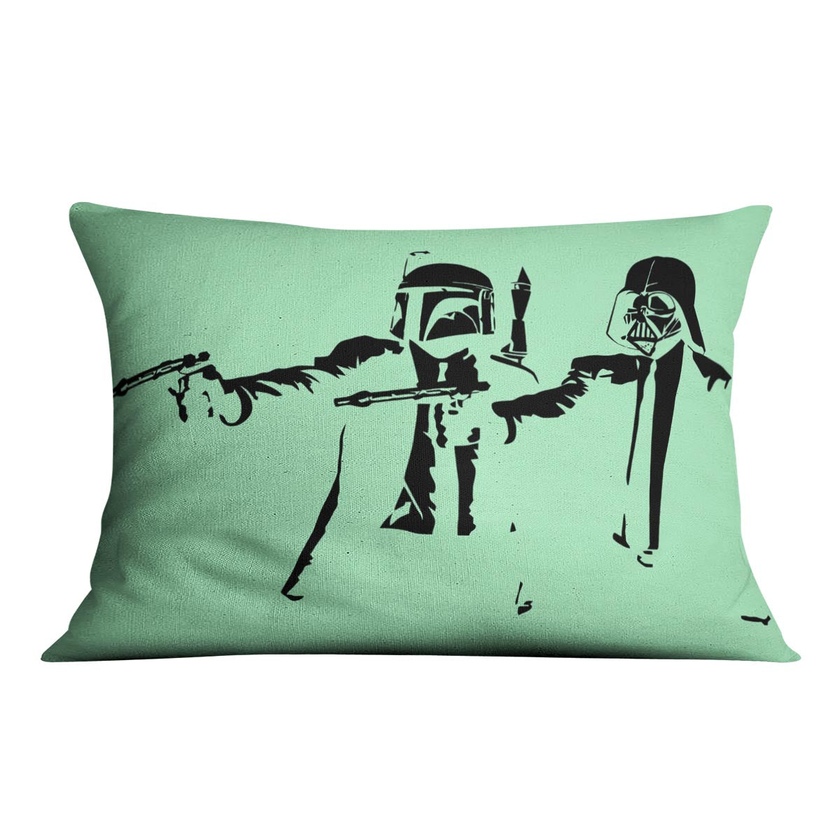 Banksy Pulp Fiction Star Wars Green Cushion featuring vibrant abstract design on luxurious vegan faux suede.