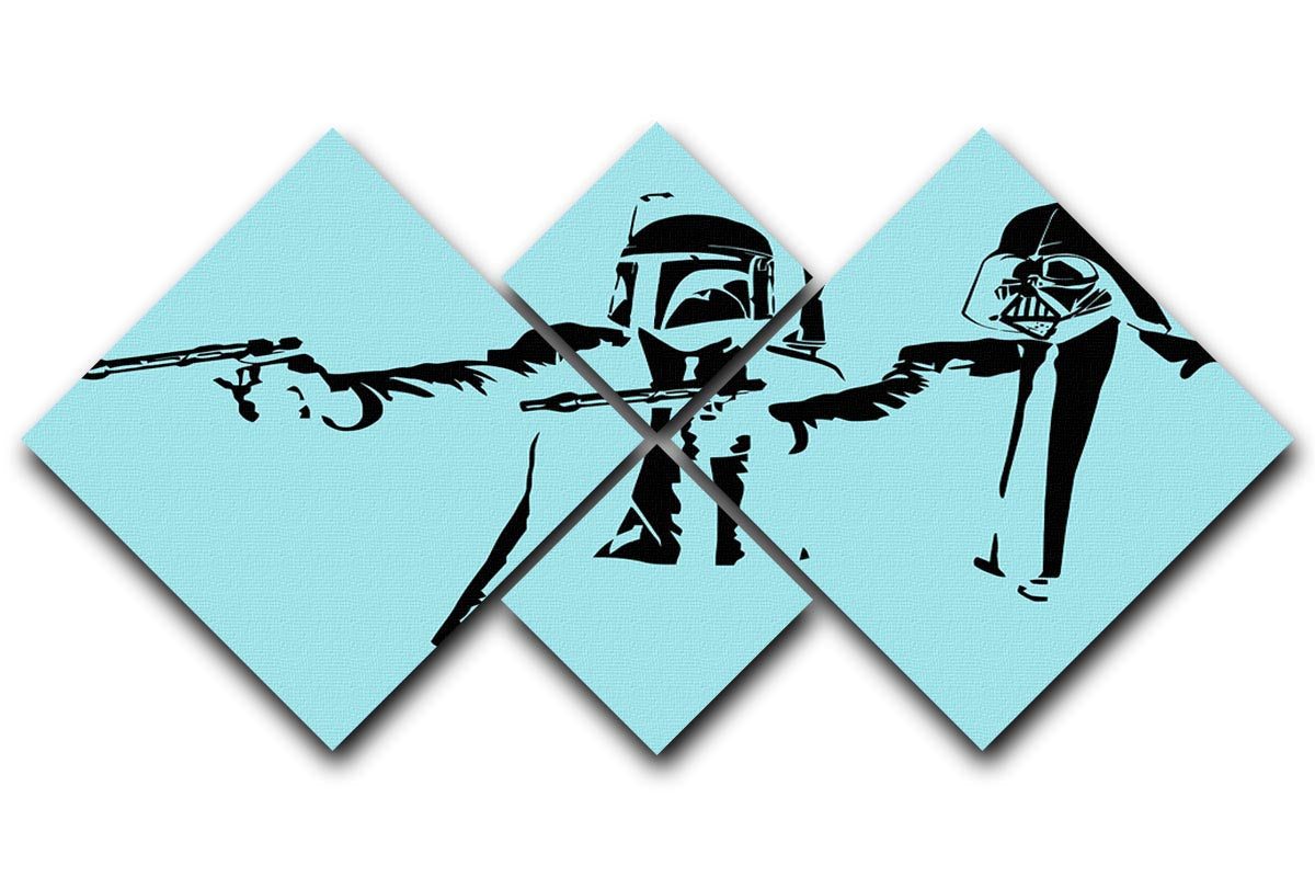Banksy Pulp Fiction Star Wars Light Blue 4 Square Multi Panel Canvas featuring four equal square sections with vibrant colors.