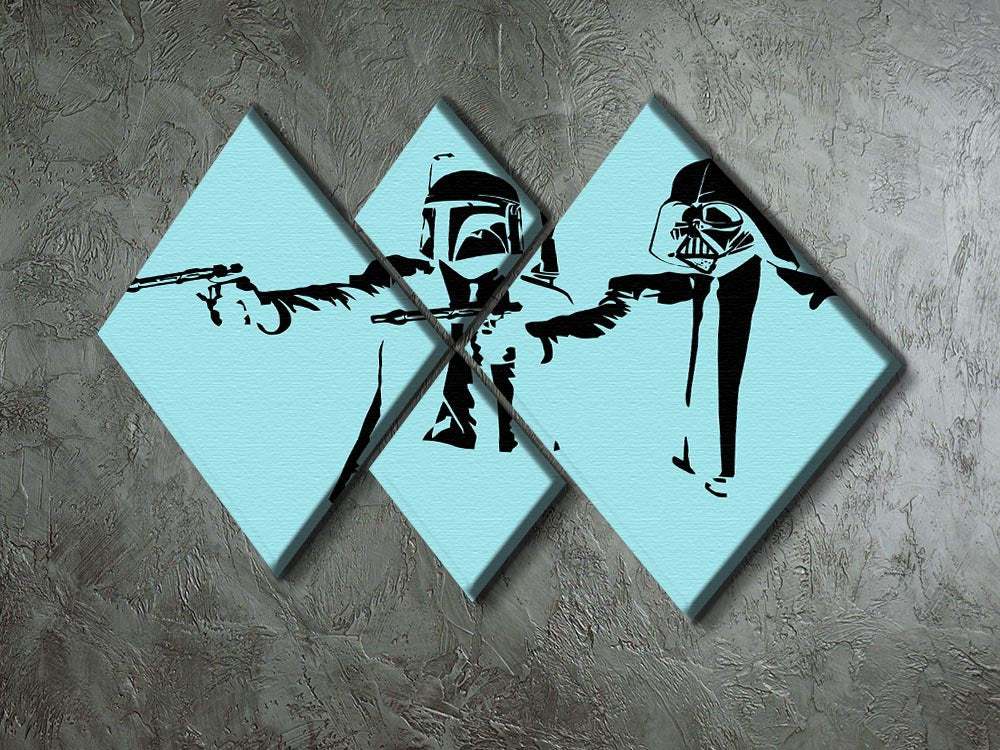 Banksy Pulp Fiction Star Wars Light Blue 4 Square Multi Panel Canvas featuring four equal square sections with vibrant colors.