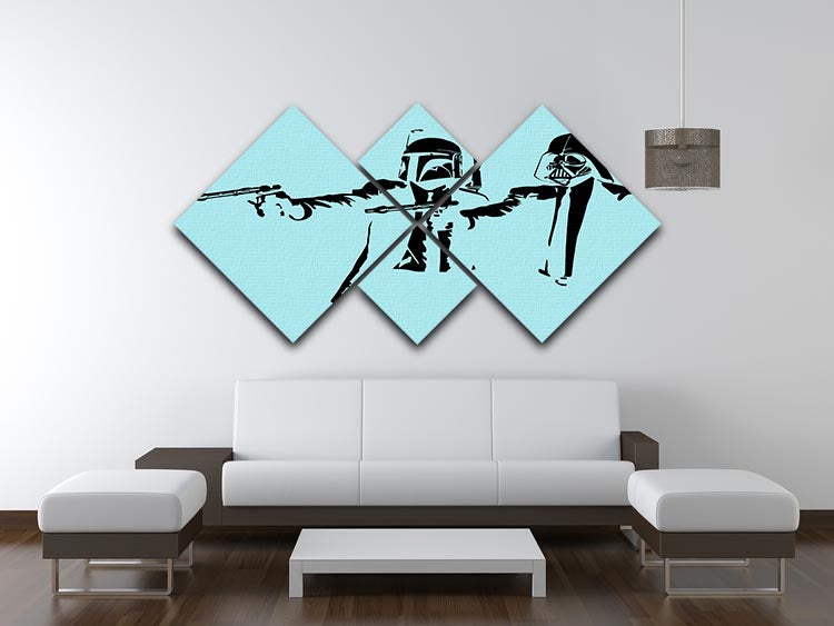 Banksy Pulp Fiction Star Wars Light Blue 4 Square Multi Panel Canvas featuring four equal square sections with vibrant colors.