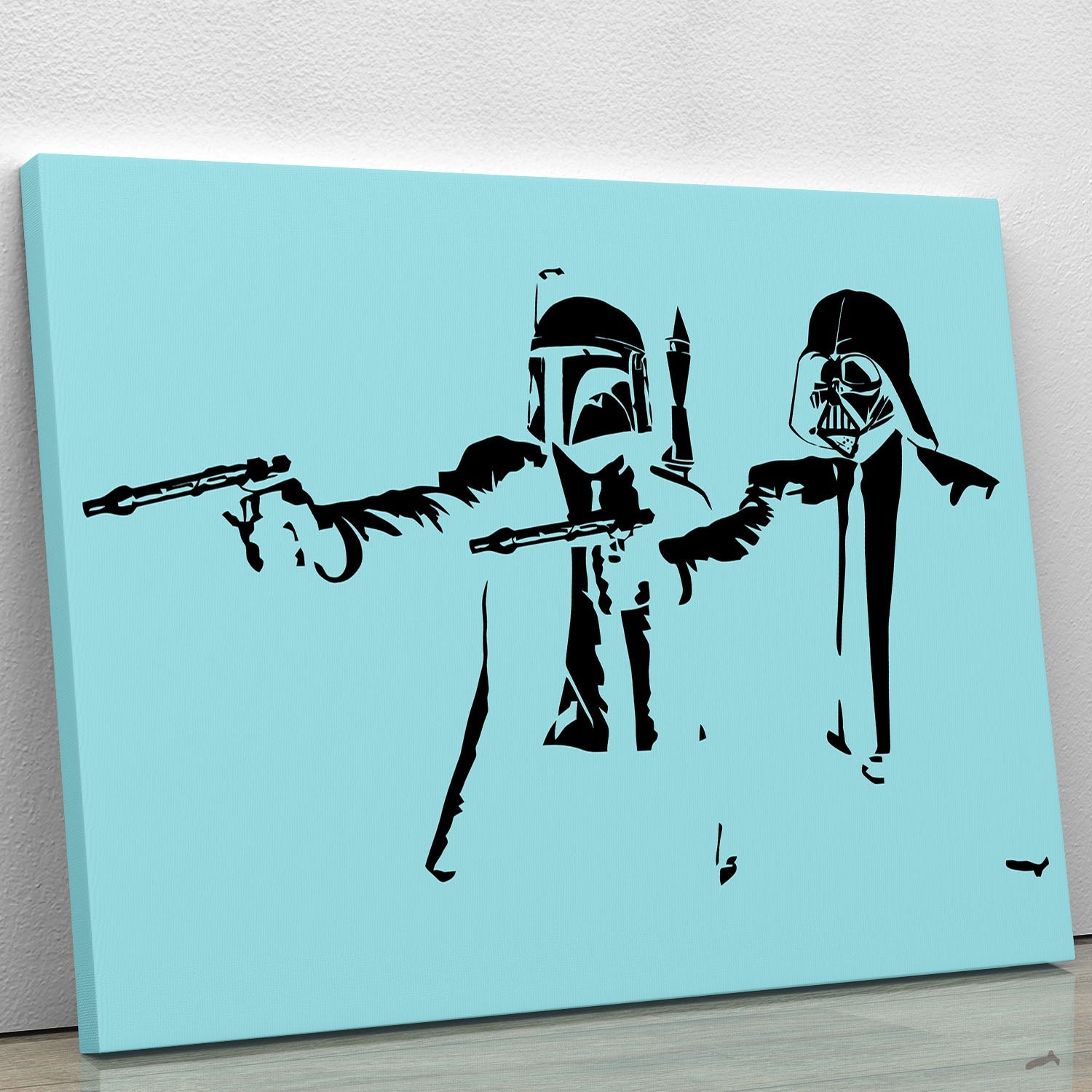 Banksy Pulp Fiction Star Wars Light Blue Canvas Print featuring iconic characters in a vibrant light blue background.