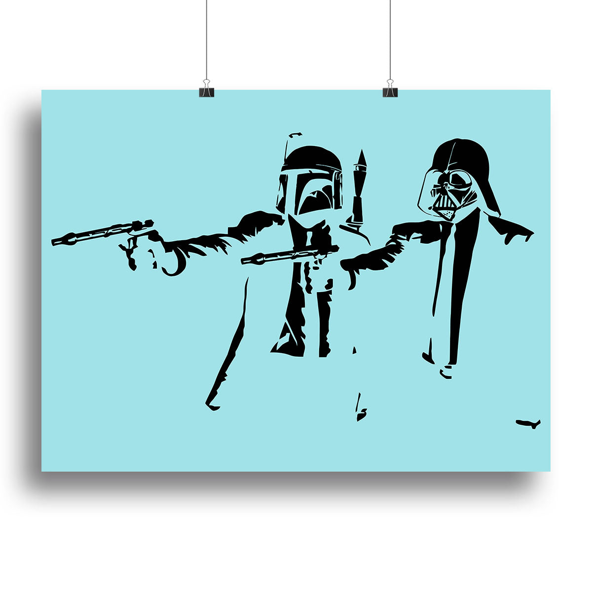 Banksy Pulp Fiction Star Wars Light Blue Canvas Print featuring iconic characters in a vibrant light blue background.