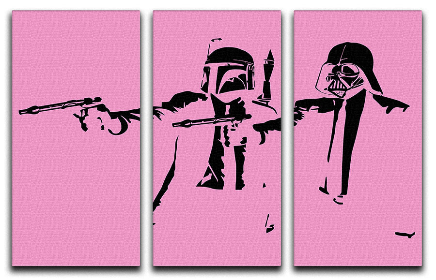 Banksy Pulp Fiction Star Wars Pink 3 Split Panel Canvas Print featuring vibrant colors and iconic imagery across three panels.