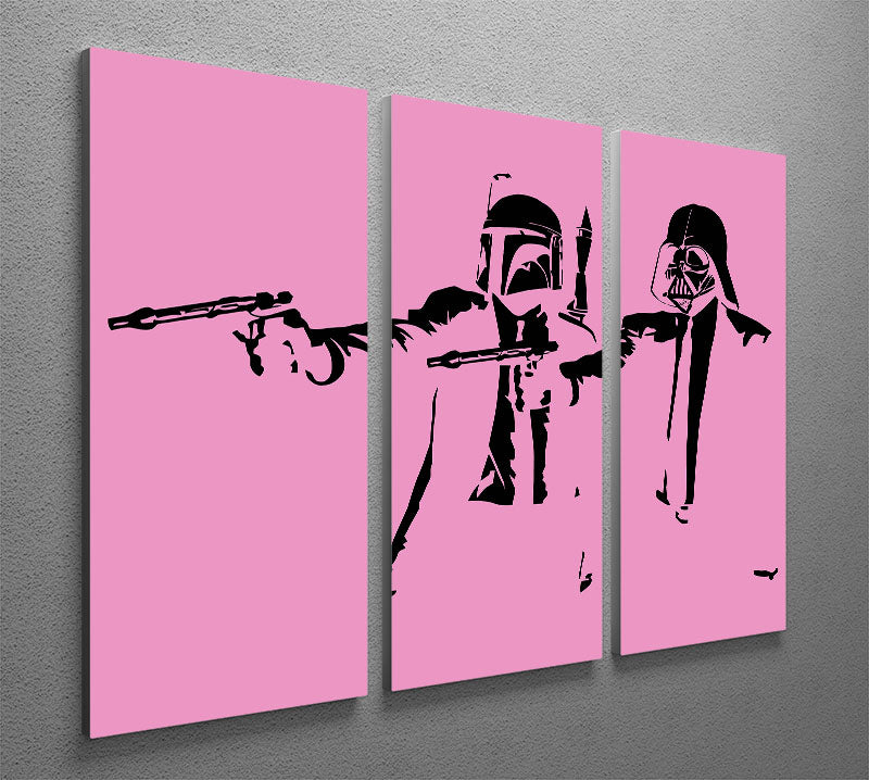 Banksy Pulp Fiction Star Wars Pink 3 Split Panel Canvas Print featuring vibrant colors and iconic imagery across three panels.