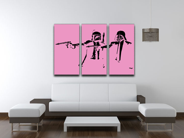 Banksy Pulp Fiction Star Wars Pink 3 Split Panel Canvas Print featuring vibrant colors and iconic imagery across three panels.