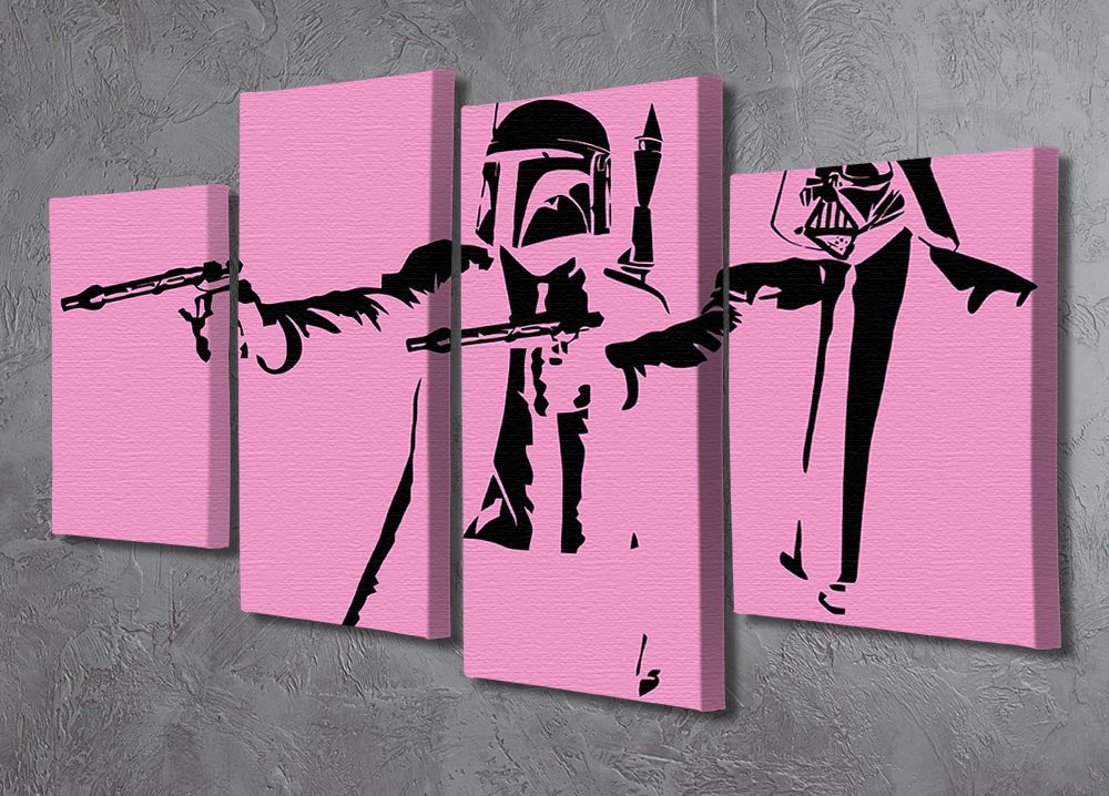 Banksy Pulp Fiction Star Wars Pink 4 Split Panel Canvas artwork featuring vibrant colors and iconic characters in a unique split design.