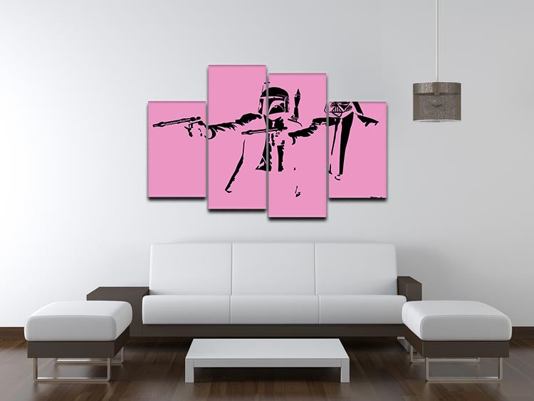Banksy Pulp Fiction Star Wars Pink 4 Split Panel Canvas artwork featuring vibrant colors and iconic characters in a unique split design.