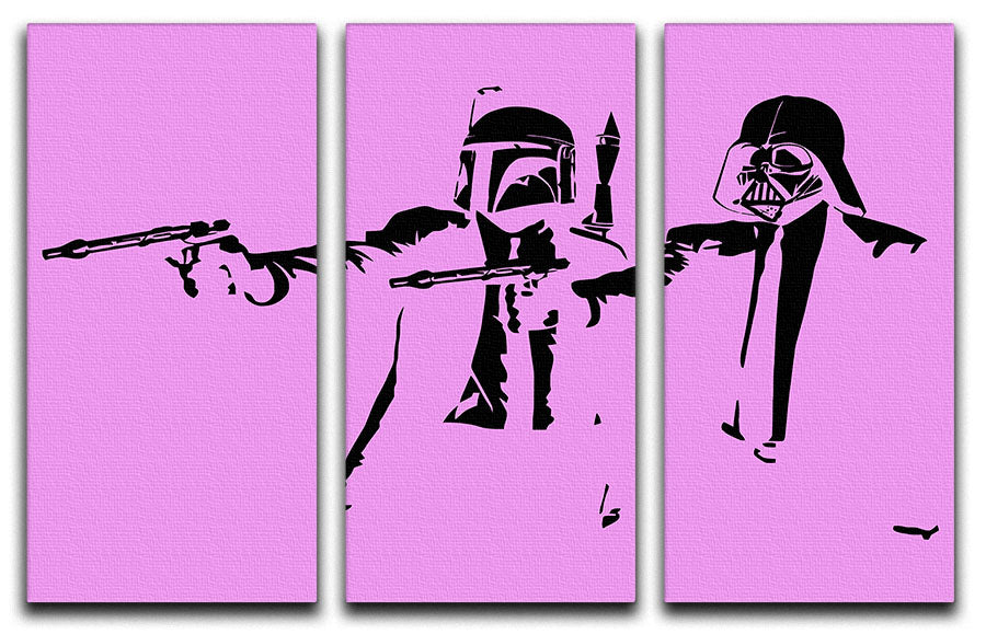 Banksy Pulp Fiction Star Wars Purple 3 Split Panel Canvas Print featuring iconic characters in vibrant purple tones.