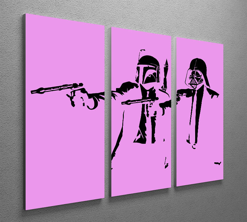 Banksy Pulp Fiction Star Wars Purple 3 Split Panel Canvas Print featuring iconic characters in vibrant purple tones.