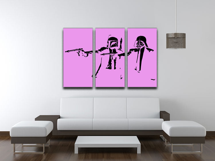Banksy Pulp Fiction Star Wars Purple 3 Split Panel Canvas Print featuring iconic characters in vibrant purple tones.