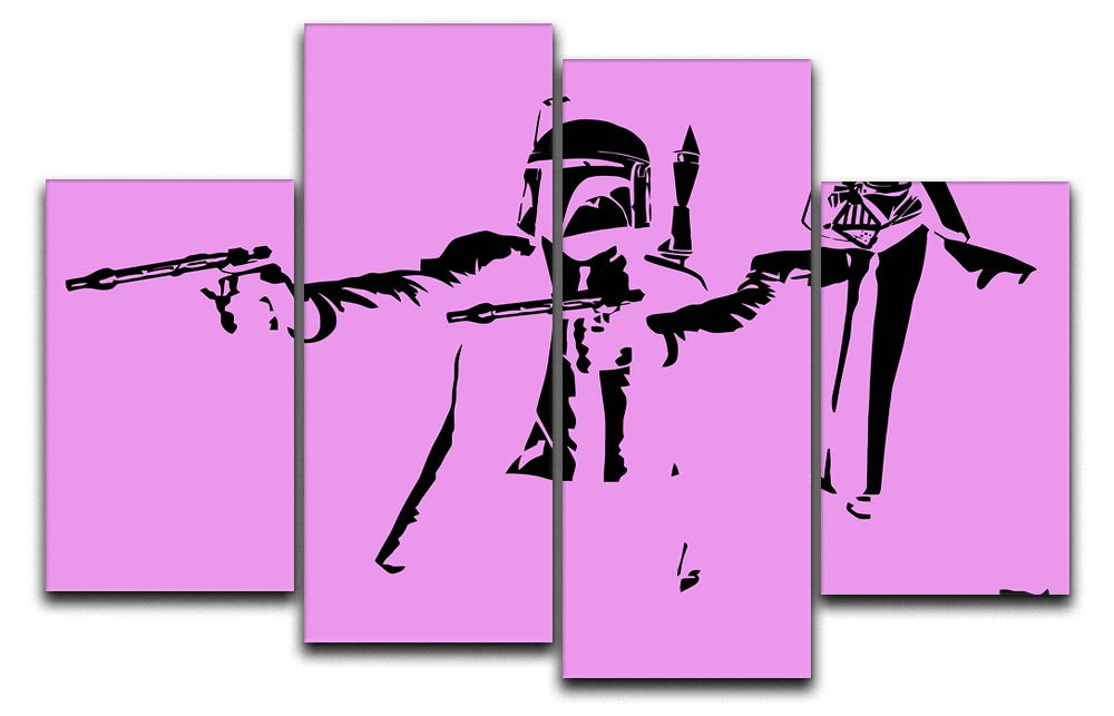 Banksy Pulp Fiction Star Wars Purple 4 Split Panel Canvas featuring vibrant purple colors and iconic pop culture themes, arranged in a dynamic split panel design.