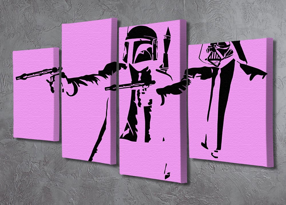 Banksy Pulp Fiction Star Wars Purple 4 Split Panel Canvas featuring vibrant purple colors and iconic pop culture themes, arranged in a dynamic split panel design.