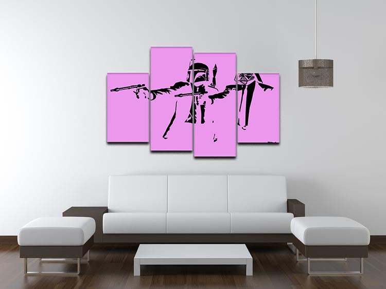 Banksy Pulp Fiction Star Wars Purple 4 Split Panel Canvas featuring vibrant purple colors and iconic pop culture themes, arranged in a dynamic split panel design.
