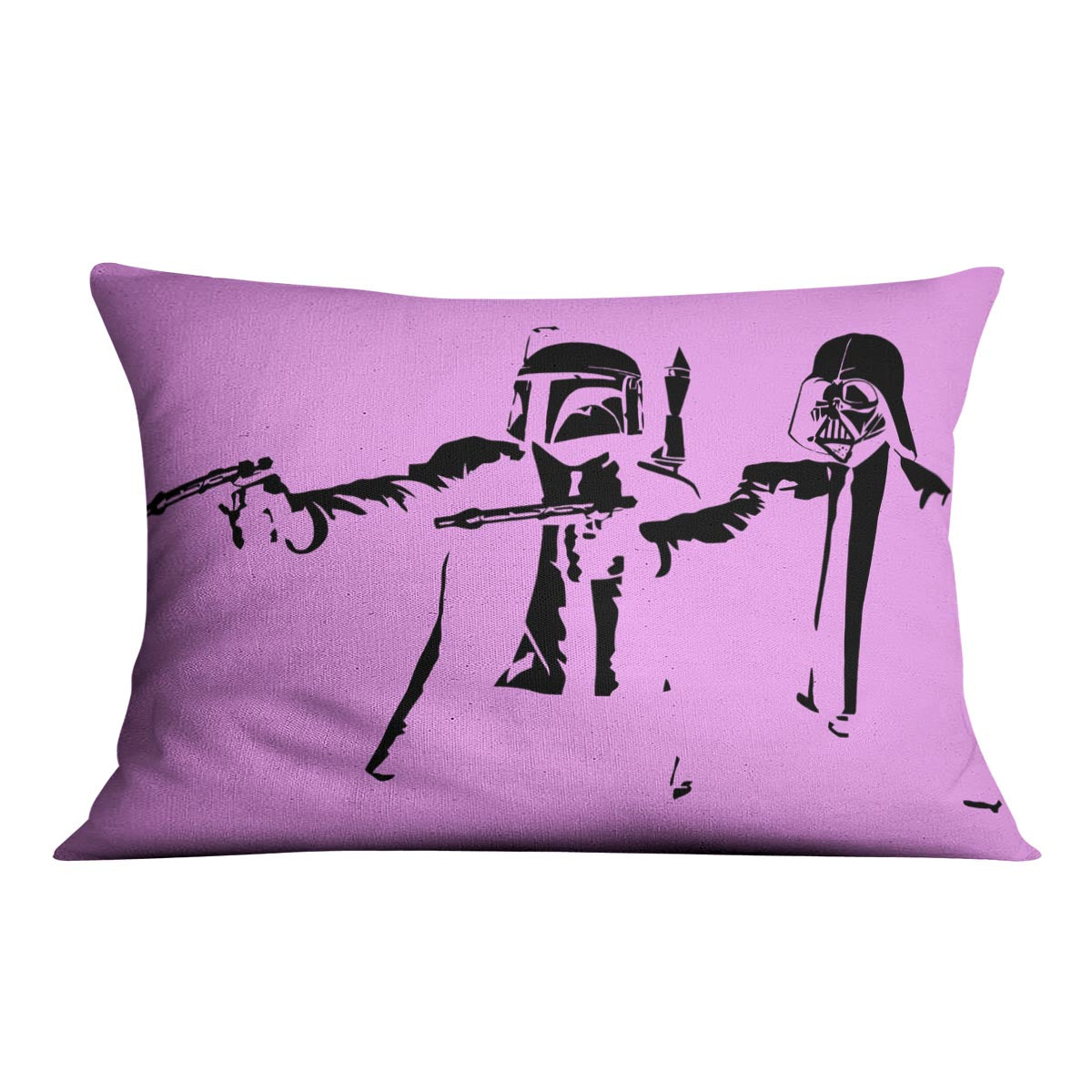 Banksy Pulp Fiction Star Wars Purple Cushion featuring vibrant abstract design on luxurious vegan faux suede.