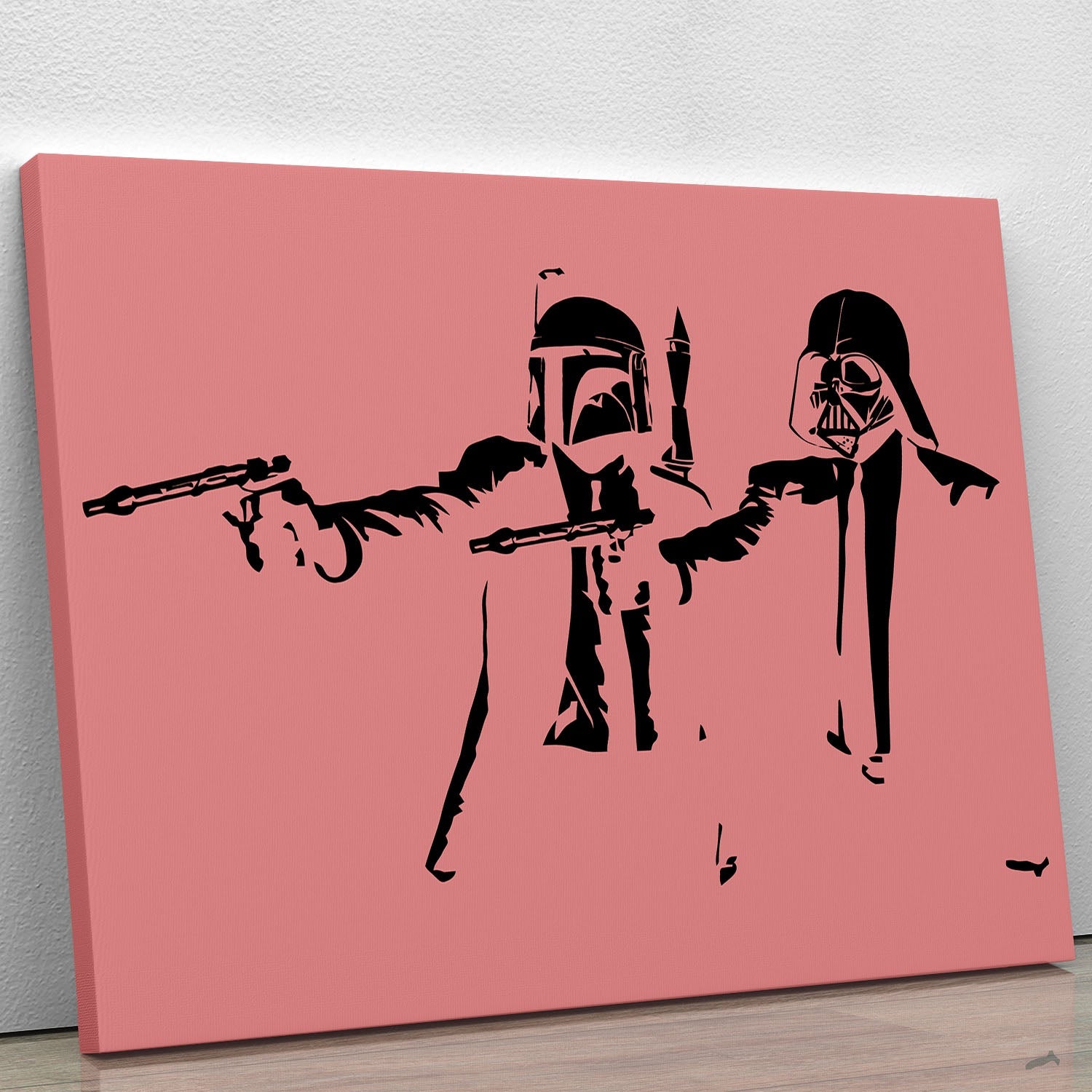 Banksy Pulp Fiction Star Wars Red Canvas Print featuring vibrant red background and iconic pop culture elements.
