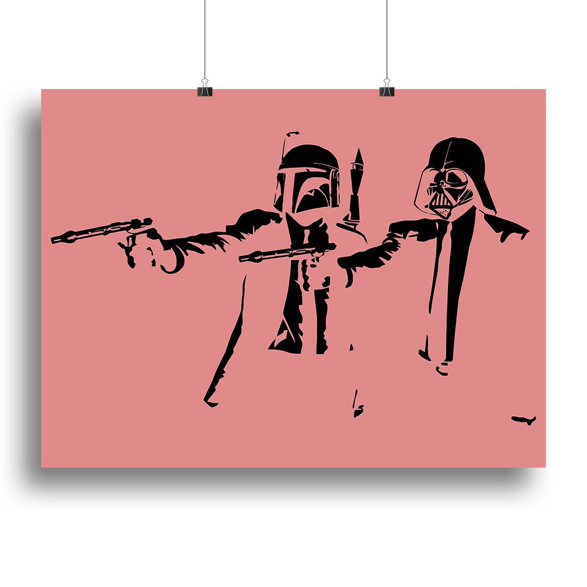 Banksy Pulp Fiction Star Wars Red Canvas Print featuring vibrant red background and iconic pop culture elements.
