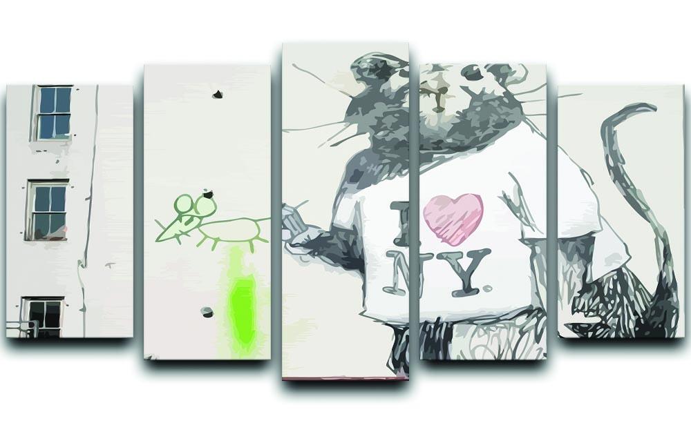 Banksy Rat I Love New York 5 Split Panel Canvas artwork featuring a rat and vibrant text, displayed in a modern setting.