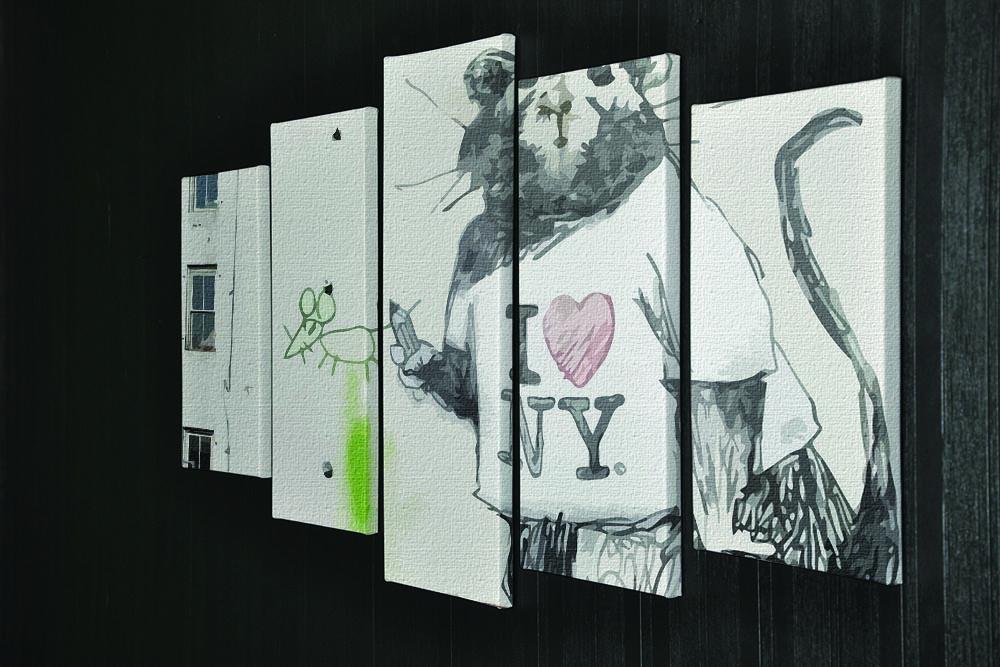 Banksy Rat I Love New York 5 Split Panel Canvas artwork featuring a rat and vibrant text, displayed in a modern setting.