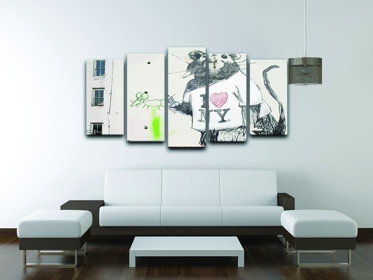 Banksy Rat I Love New York 5 Split Panel Canvas artwork featuring a rat and vibrant text, displayed in a modern setting.