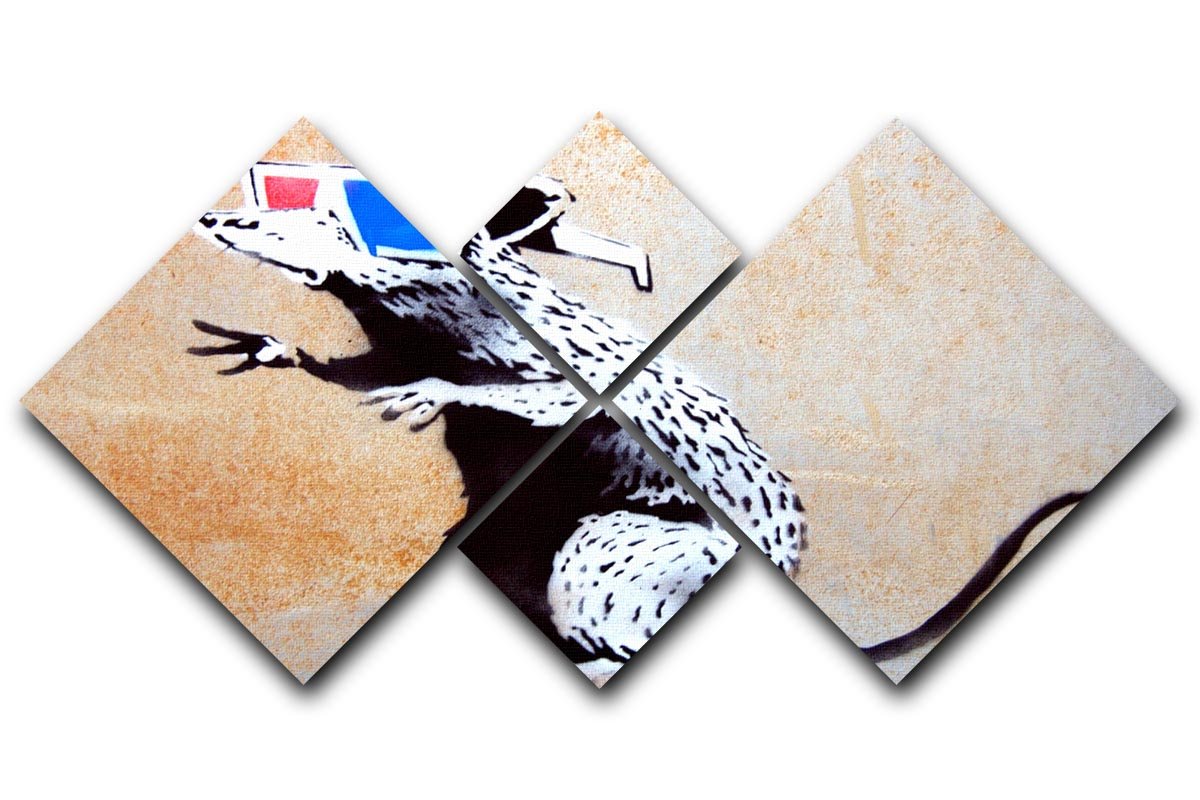 Banksy-inspired artwork featuring a rat wearing 3D glasses on a 4-square multi-panel canvas.