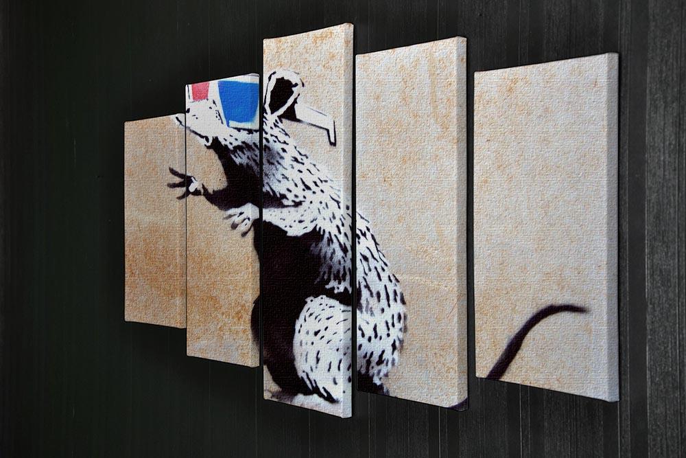 Banksy Rat Wearing 3D Glasses artwork displayed on a 5 split panel canvas, showcasing vibrant colors and dynamic design.
