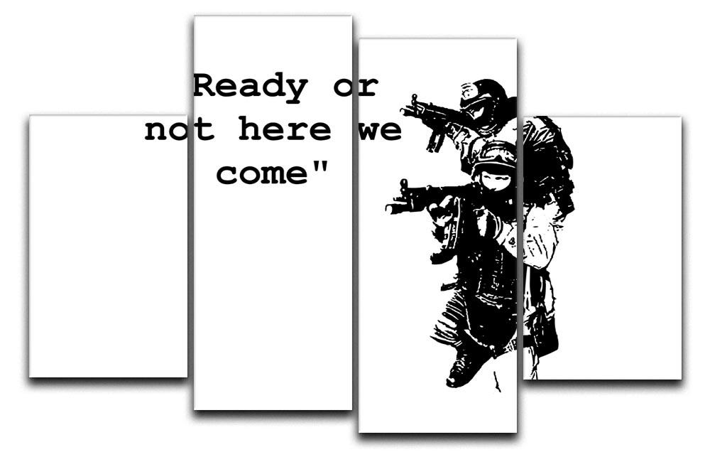 Banksy Ready Or Not 4 Split Panel Canvas artwork displayed in a modern setting, showcasing four panels that create a cohesive image.