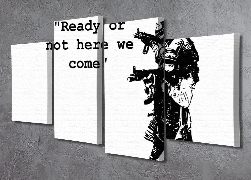 Banksy Ready Or Not 4 Split Panel Canvas artwork displayed in a modern setting, showcasing four panels that create a cohesive image.