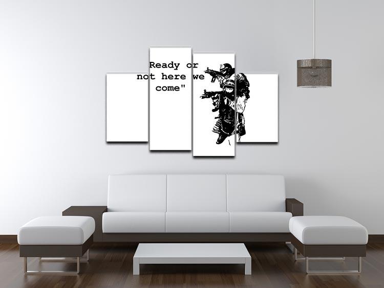 Banksy Ready Or Not 4 Split Panel Canvas artwork displayed in a modern setting, showcasing four panels that create a cohesive image.