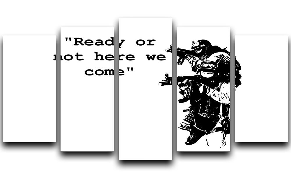 Banksy Ready Or Not 5 Split Panel Canvas artwork featuring a dynamic design across five panels.