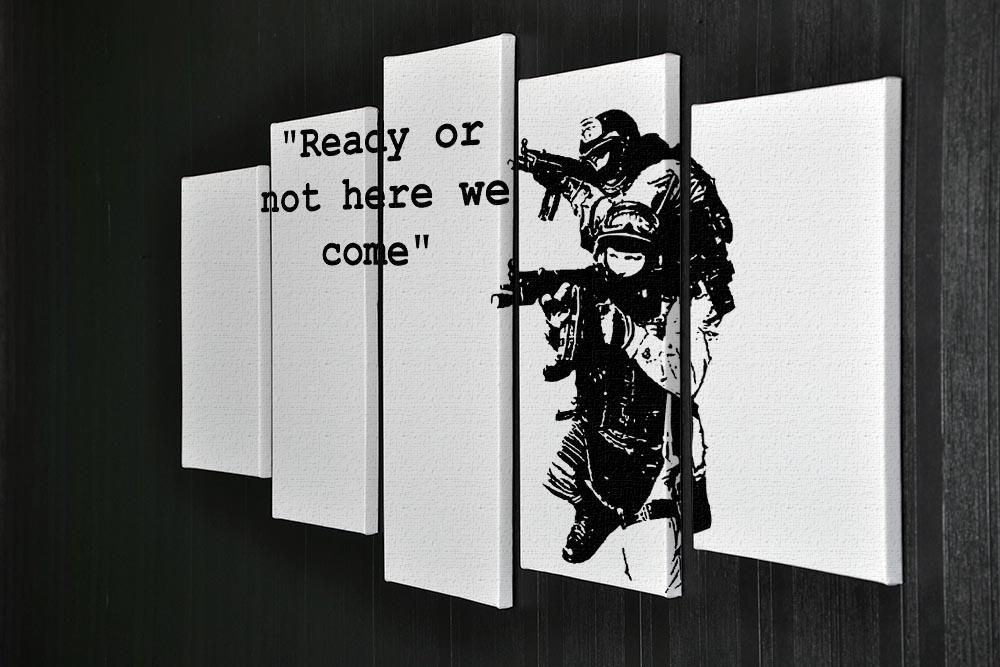 Banksy Ready Or Not 5 Split Panel Canvas artwork featuring a dynamic design across five panels.