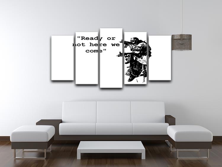 Banksy Ready Or Not 5 Split Panel Canvas artwork featuring a dynamic design across five panels.