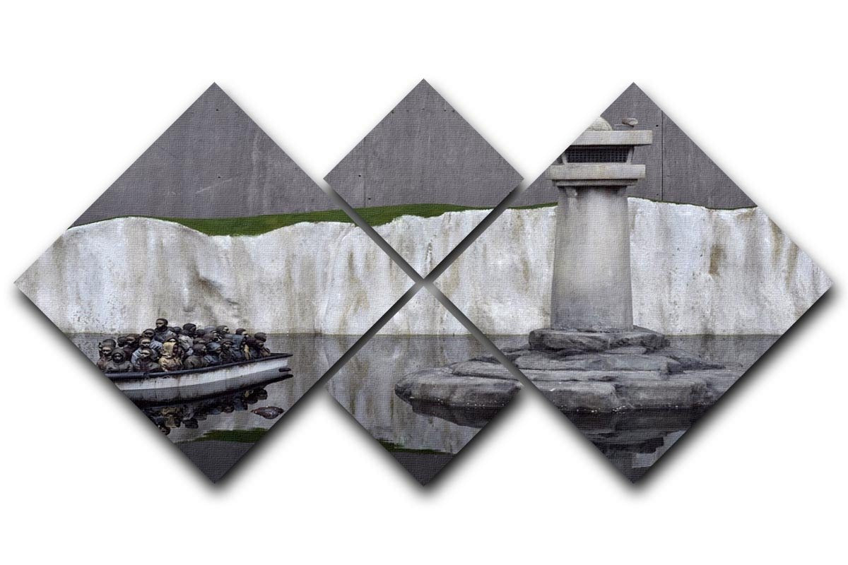 Banksy Refugee 4 Square Multi Panel Canvas featuring four equal square sections with striking street art design.