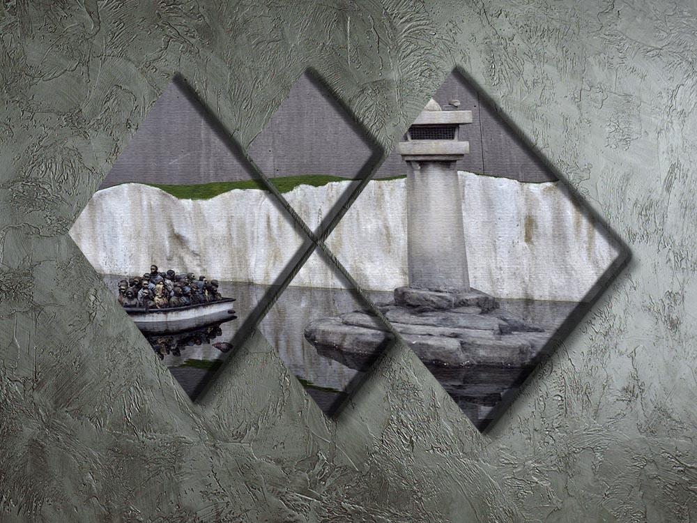 Banksy Refugee 4 Square Multi Panel Canvas featuring four equal square sections with striking street art design.