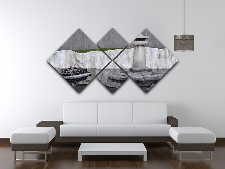 Banksy Refugee 4 Square Multi Panel Canvas featuring four equal square sections with striking street art design.