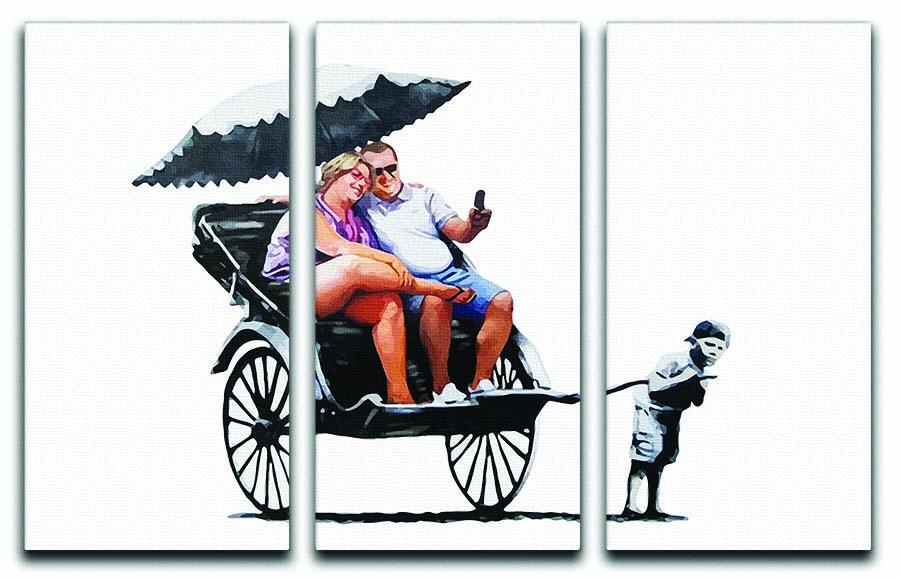 Banksy Rickshaw Kid 3 Split Panel Canvas Print showcasing vibrant urban art across three panels.