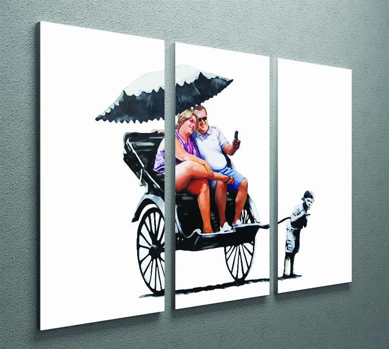 Banksy Rickshaw Kid 3 Split Panel Canvas Print showcasing vibrant urban art across three panels.