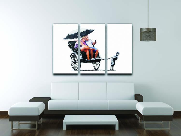 Banksy Rickshaw Kid 3 Split Panel Canvas Print showcasing vibrant urban art across three panels.