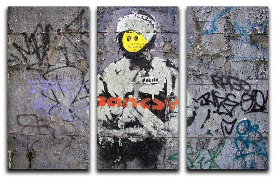 Banksy Riot Cop 3 Split Canvas Print featuring three panels of striking urban art, perfect for modern decor.