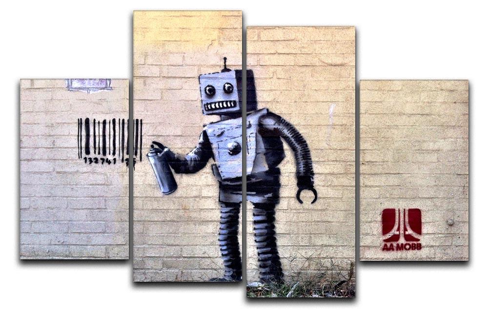 Banksy Robot 4 Split Panel Canvas artwork featuring a dynamic robot design divided into four panels, perfect for modern decor.