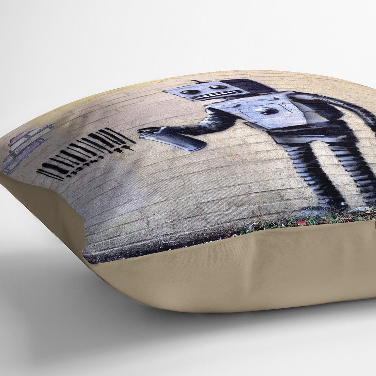 Banksy Robot Cushion featuring vibrant abstract design on luxurious vegan faux suede, perfect for home decor.